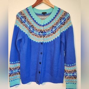 Talbots Blue Fair Isle Lambswool Nylon Blend Cardigan Sweater Size Large